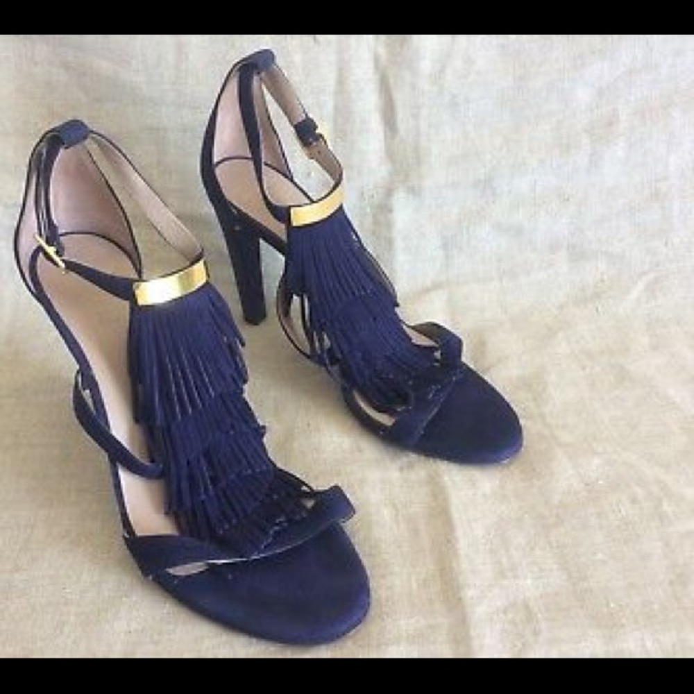 Chloe Sandals Blue Suede Fringe Ankle Strap Heels